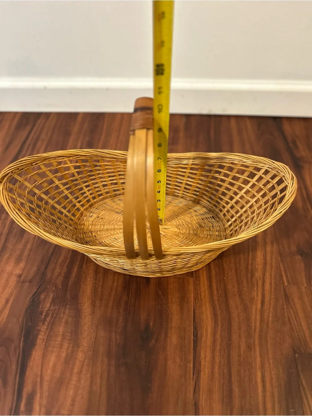 Vintage Sturdy Oval Wicker Woven Basket with Tall Handle - Honey Brown